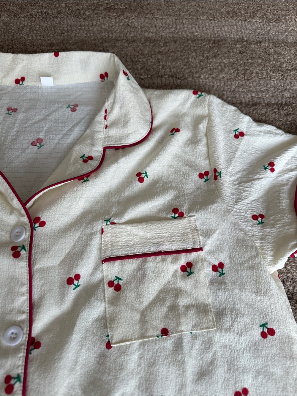 Cream Cherry-Print Pajama set with Red Piping